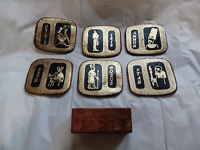 Vintage Egyptian Coasters Set Of 6 Leather With Embossed Holder Horus Ammon +++ • $9.95