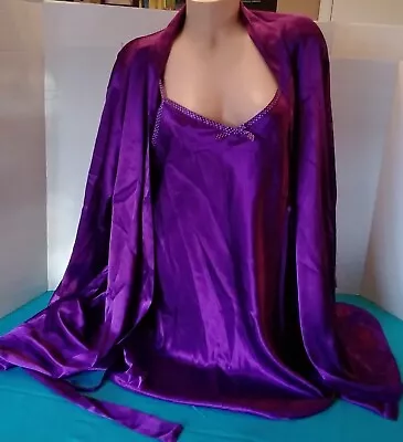 Morgan Taylor 2pc Peignoir Slip Robe Set L Purple Satin Boudoir Lingerie • $38