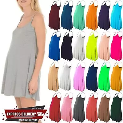 Womens Ladies Sleeveless Cami Floaty Flare Strappy Maternity Skater Swing Dress • £6.99