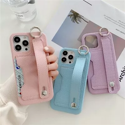 Card Holder Wrist Strap Leather Case For Iphone 14 13 12 Promax Protective Cover • £5.99