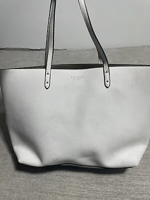 Victorias Secret White Tote Bag Purse Silver Faux Leather Large Gold Inside • $9.95