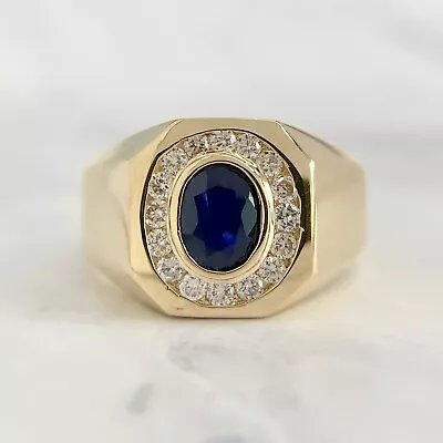 14K Yellow Gold 1 Carat Oval Cut Sapphire And .33ctw Diamond Signet Mens Ring • $1395