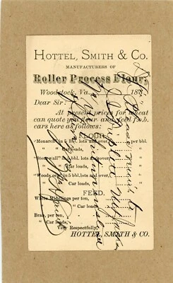 $25 • Buy Hottel, Smith & Co, Mfrs Of Roller Process Flour, Woodstock, Va. To Hayfield, Va