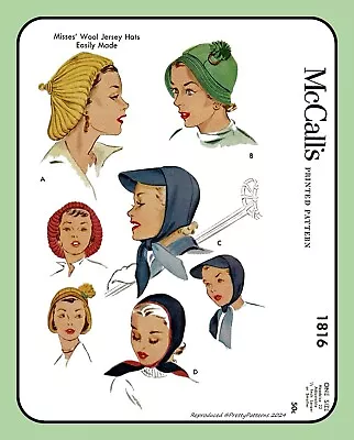 WOOL Jersey HATS Beret CAP Misses McCall's 1816 Vtg 1953 Craft Sewing Pattern • $9.99