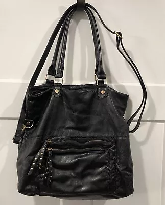 Linea Pelle Black Supple Pebbled Leather Purse Handbag Zippered Double Handle • $48