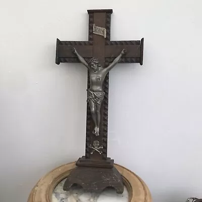 $199.99 • Buy Antique French 18” Crucifix Altar Cross Christ Wood Freestanding Carved Silver