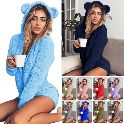 Women Sexy Cute Warm Teddy Bear Zip Romper Hooded Bodysuit Plush Loungewear Pjs • $27.54