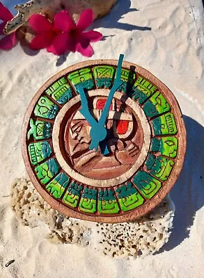 Green Wall Clock Mayan Calendar Handcrafted Silent Wood Carving Wall Art 5inch • $74.99