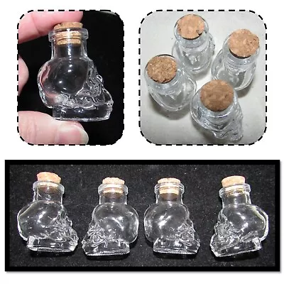 4 - Mini Clear Glass Gothic Skeleton Skull Bottles With Cork Stoppers • $18.50