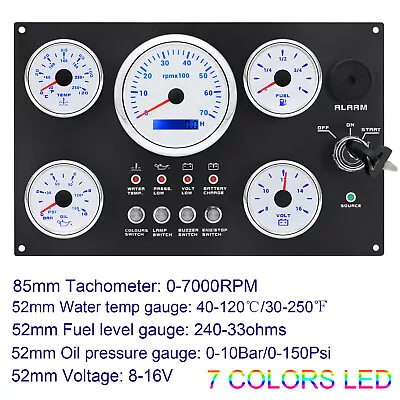 5 Gauges Set With Instrument Panel 0-7000 RPM 7 Colors LED For Marine Boat Yacht • $160.06