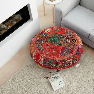 £8.99 • Buy 18  Indian Vintage Round Red Floor Pillow Bohemian Patchwork Floor Pillow Cover