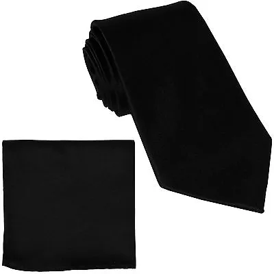 New Polyester Men's Extra Long Neck Tie & Hankie Solid Formal Big & Tall Black • $13.50