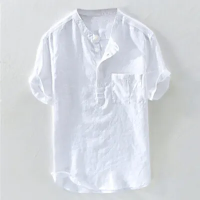 Mens Short Sleeve Collarless Linen Cotton Henley Shirts Casual Slim Fit Tee Tops • $13.30