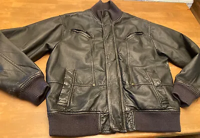 Men’s Marc Ecko Cut & Sew Brown Leather Flight Bomber Jacket SZ L Zip/Button • $55