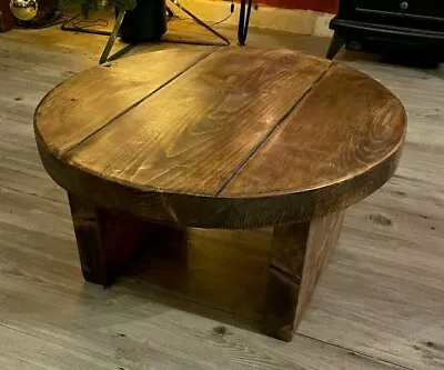 Rustic Industrial ROUND Coffee Table Solid Wood Farmhouse Style • £119.99