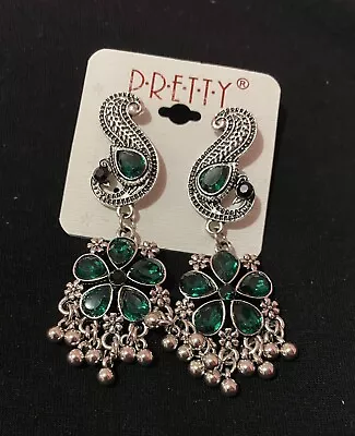 Green Colour Glass Stone Oxidised Indian Earrings • $23