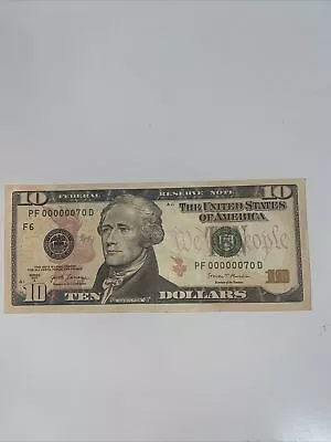 Fancy Serial Number 7 OF A KIND 0s 2017(00000070 $10Dollar Bill Crisp Low • $230