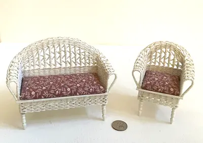 A Lovely Dollhouse Miniature White Wicker Sofa And Chair Set Signed • $48