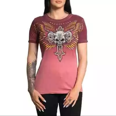 Affliction Women's Black Label HYPER SPEED Dusty Rose Rhinestone T-Shirt NWT • $79.81