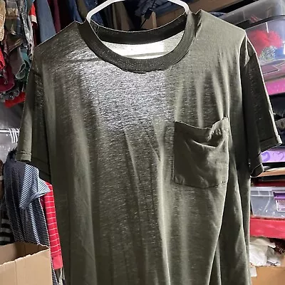 Vintage Thrashed Burnout Distressed T Shirt Paper Thin Selvedge Pocket M Olive • $34.99