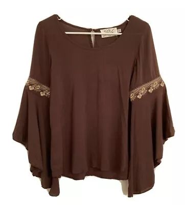 VaVa By Joy Han Women's Blouse XS Boho Bell Sleeves Embroidery Brown White • $9.99