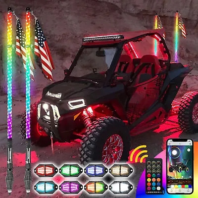 8 Pods RGB Rock Lights UTV RZR+2X 3ft Lighted Spiral LED Whip Antenna W/Flag • $169.19