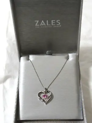Zales Sterling Silver Open Heart Pink White Sapphire Pendant 18  Chain Necklace • $49.99