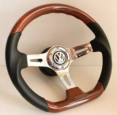 Steering Wheel Fits For VW Golf Jetta Mk5 Passat Touran Caddy  Wood Leather Flat • $235.66
