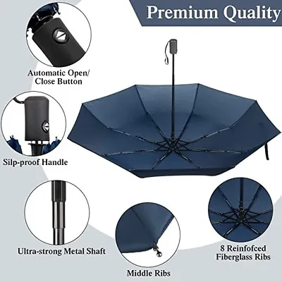 $19.99 • Buy Automatic Folding Umbrella Windproof Auto Compact 8 Ribs Fiberglass AU Black