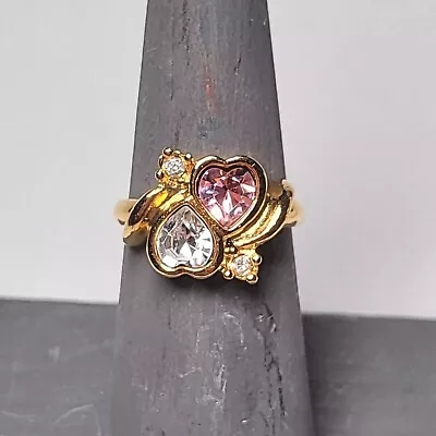 AVON Two Hearts Pinky Ring Sz 4.5 Gold Tone Pink Vintage Costume Jewelry  • $11.19