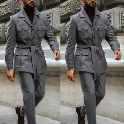 Gray Wool Blend Men's Suit With Belt Safari Jacket 2pcs Outdoor Hunting Blazer • $62.29