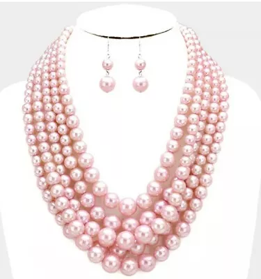 Chunky Light Pink Bead Pearl Multi Layered Strand Necklace Set Jewelry • $17.50