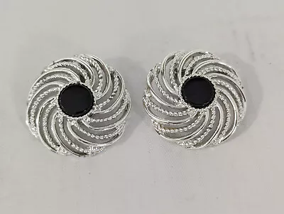 Vintage White Gold Plated Sarah Coventry Black Enamel Clip On Earrings 1.5  • $9.99