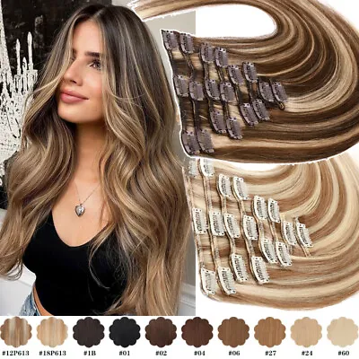 £42.31 • Buy UK 8 Pieces Clip In Real Remy Human Hair Extensions Full Head Skin Weft BALAYAGE