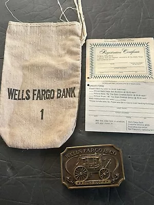 Vintage 1973 Wells Fargo Stage Coach Solid Brass Belt Buckle – W/Bank Bag • $9.99