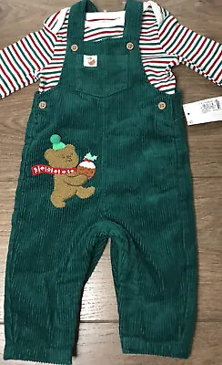 M&S Baby Boy  Christmas Green Dungaree With Stripe Bodysuit  2 Piece Outfit  3-6 • £10.50
