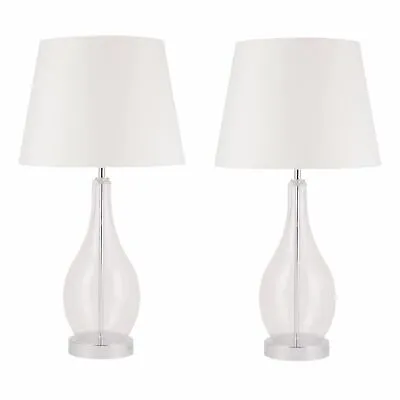 £49.99 • Buy Pair Large Modern 56cm Table Lamp Bedside Light Clear Glass White Fabric Shade