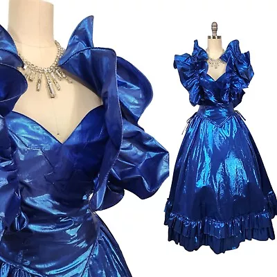 Vtg 80s Prom Dress S/M Blue Electric Metallic Lame Ruffle Western Full Skirt  • $129.99