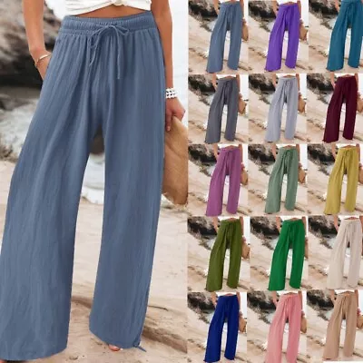 Summer Womens Cotton Linen Baggy Plain Wide Leg Pants Ladies Trousers Plus Size • £11.49