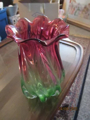 Vintage Vase - Swirled Design In Pink And Green 1970s.   Scalloped Top • $6