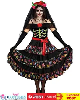 Day Of The Dead Senorita Fancy Dress Halloween Skull Mexican Zombie Costume • $59.81