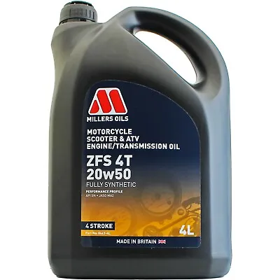 Millers Oils ZFS 4T 20w-50 Fully Synthetic Motorcycle Engine Oil - 4 Litres 4L • £32.95
