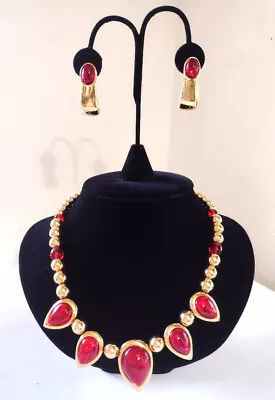 Vintage Rare Napier Milano Golden Rich Red Resin Cabochon Necklace & Earrings • $120