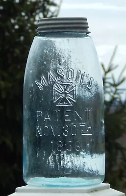 Antique Mason's Patent 1858 Hero Cross Half Gallon Jar Whittled Crude Aqua Glass • $34