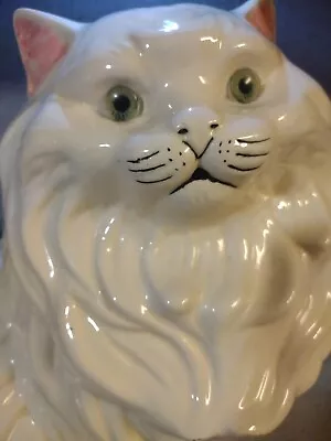 Vtg. Extra Large 15  White Ceramic Persian MCM Cat Statue W/Green Eyes HEAVY! • $62.99