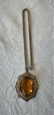 $48 • Buy Antique Large Victorian Gold Filled Citrine Glass Pendant & Chain Jewelry