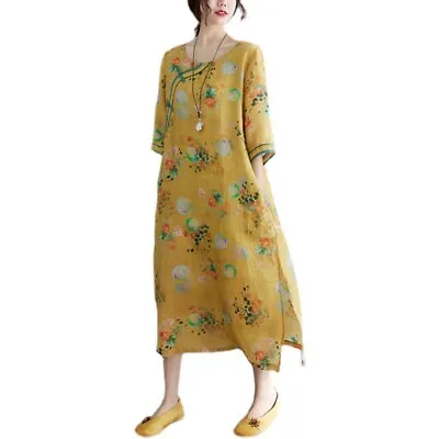 Women Linen Cotton Dress 3/4 Sleeve Ethnic Chinese Ethnic Cheongsam Qipao • $39.28