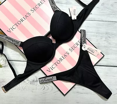 VICTORIAS SECRET Italic Shine Strap SWIM Sexy Tee Push-Up Bikini Thong Set BLACK • $142.77