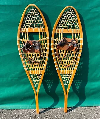 Beautiful Vintage SNOWSHOES 41x11 Snow Shoes + Leather BINDINGS! • $106.49