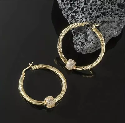 18K Gold Hoop Earrings Filled CZ Moondust Bling Balls Jewellery Gift Ladies • £16.99